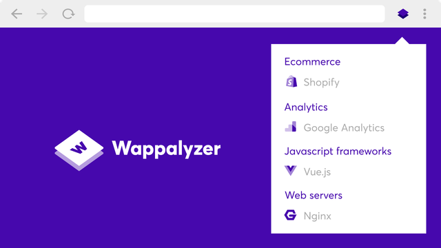 Wappalyzer popup listing a site's ecommerce, analytics, JavaScript framework and web server