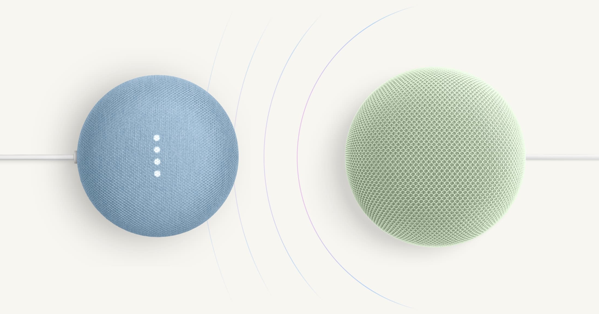 Two Google Nest speakers, one blue and one green, with sound waves between them