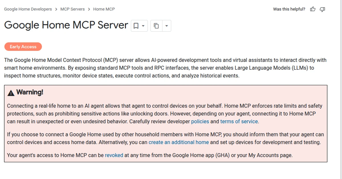Google Home MCP Server developer page showing the Early Access badge and warning