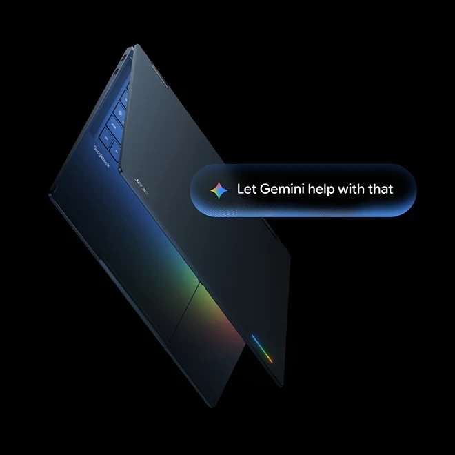 Acer Googlebook 14 partially open on a black background with a Gemini prompt overlay