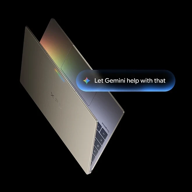 Dell XPS Googlebook partially open on a black background with a Gemini prompt overlay