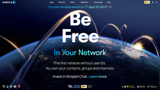 SimpleX Chat website with the Be Free In Your Network headline