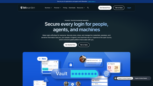 Bitwarden website homepage showing a password vault