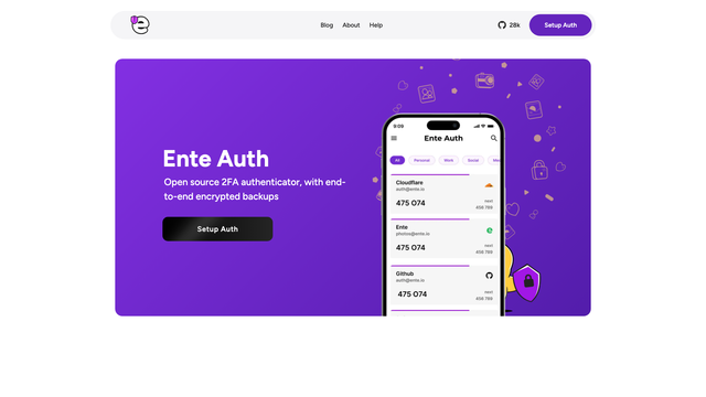 Ente Auth website showing the authenticator app on a phone