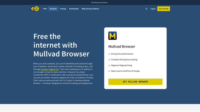 Mullvad Browser page with the Free the internet with Mullvad Browser headline