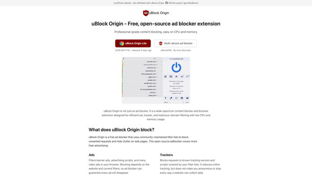 uBlock Origin website describing the free open source ad blocker extension