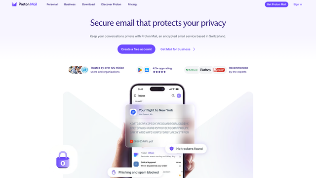 Proton Mail website with the Secure email that protects your privacy headline