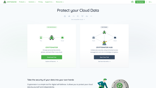 Cryptomator website with the Protect your Cloud Data headline