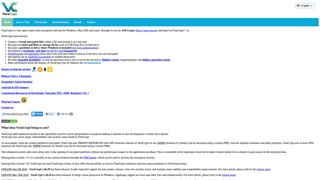 VeraCrypt website home page with release notes and download links