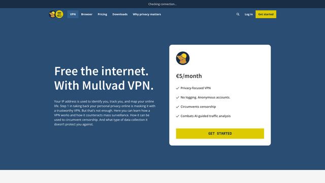 Mullvad VPN page showing the 5 euro monthly price