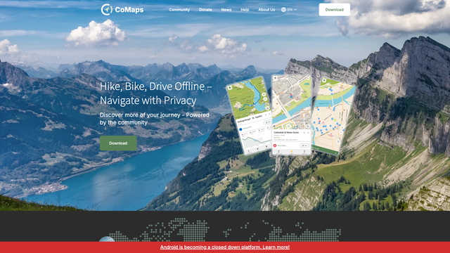 CoMaps website with the Hike Bike Drive Offline headline over a mountain photo