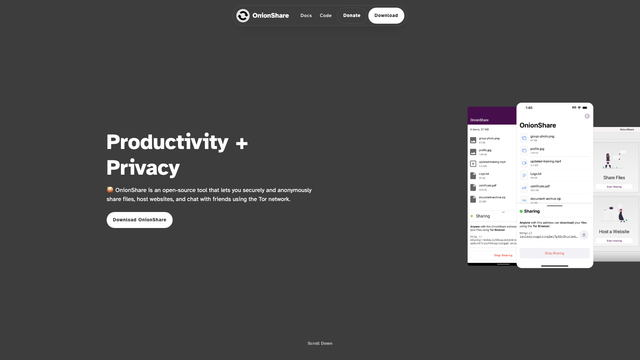 OnionShare website with the Productivity plus Privacy headline