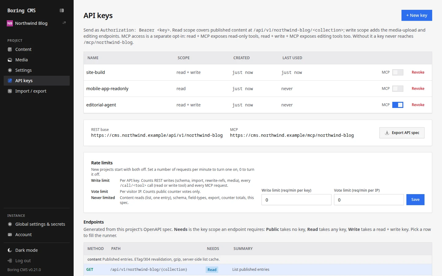 Boring CMS API keys page with read and write scopes, an MCP toggle per key, REST and MCP addresses and rate limits