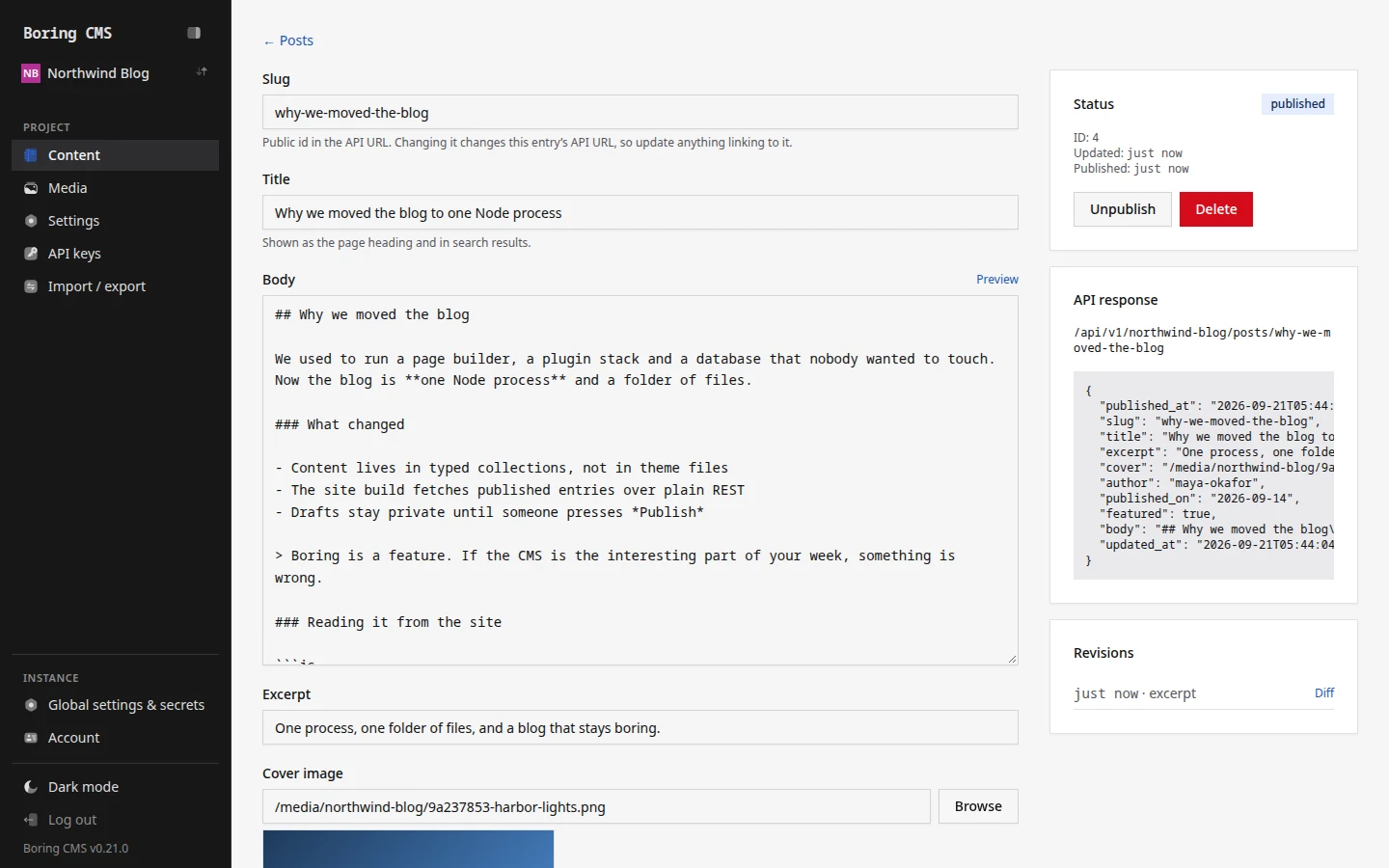Boring CMS entry editor with a markdown body, publish controls, the live API response and a revision history