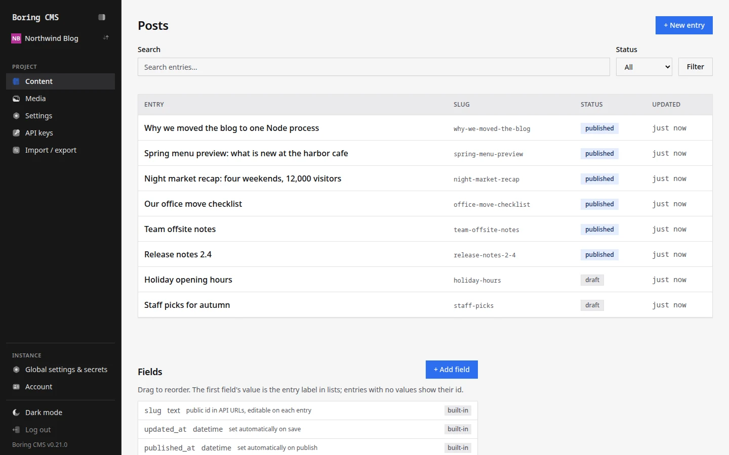 Boring CMS entries list for a Northwind Blog project, with published and draft posts and a field list underneath