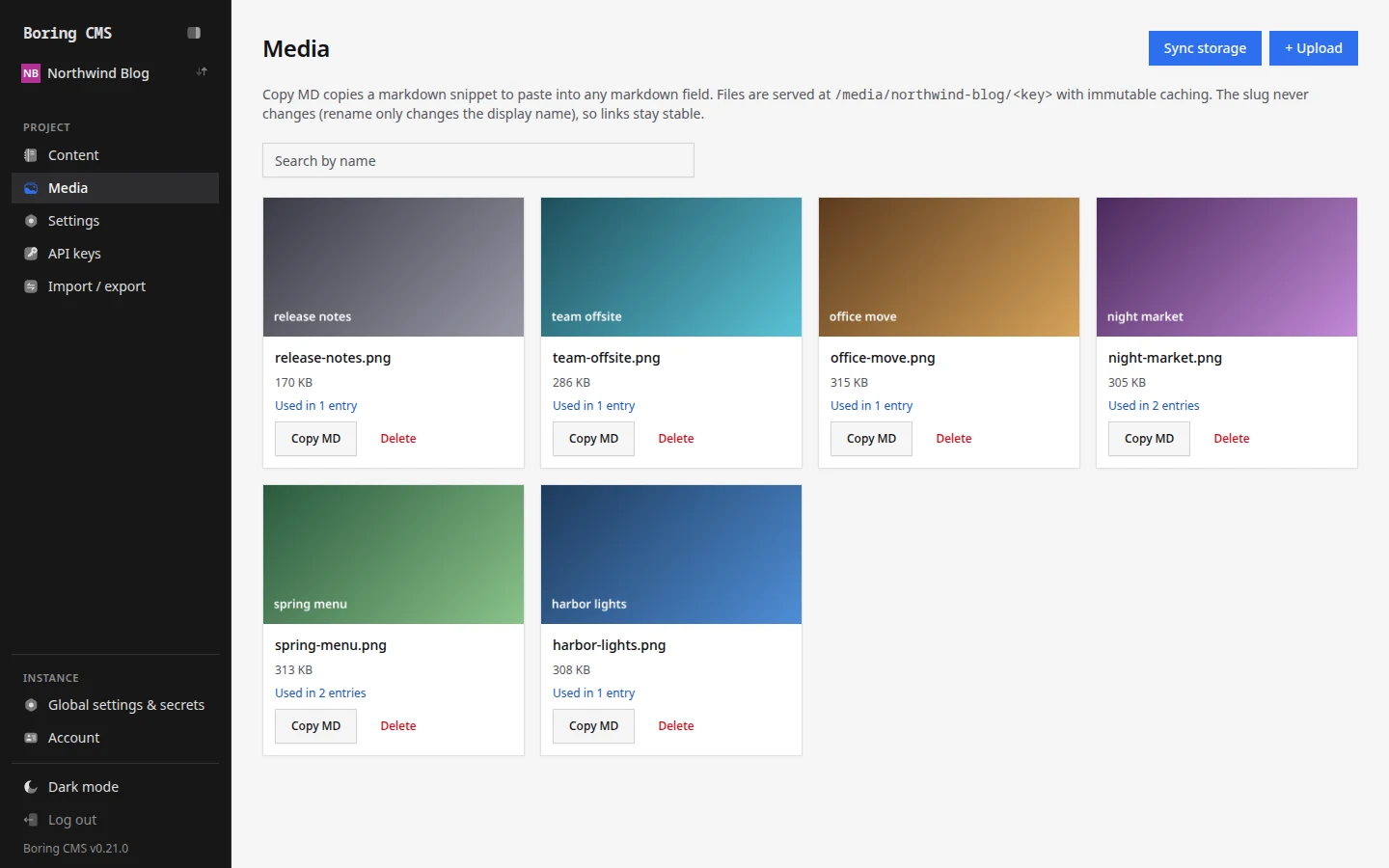Boring CMS media library showing six uploaded images with file size and how many entries use each one