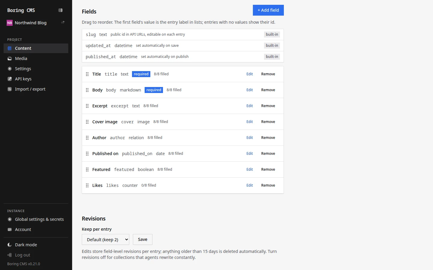 Boring CMS schema builder listing typed fields such as text, markdown, image, relation, date, boolean and counter