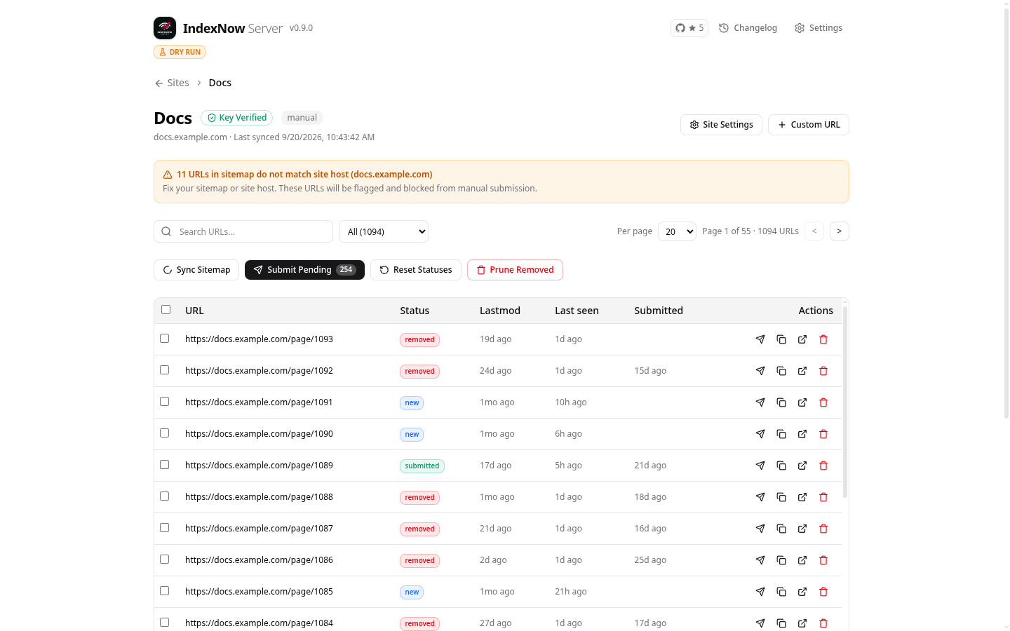 IndexNow Server site page listing sitemap URLs with new, submitted and removed statuses and a Submit Pending button