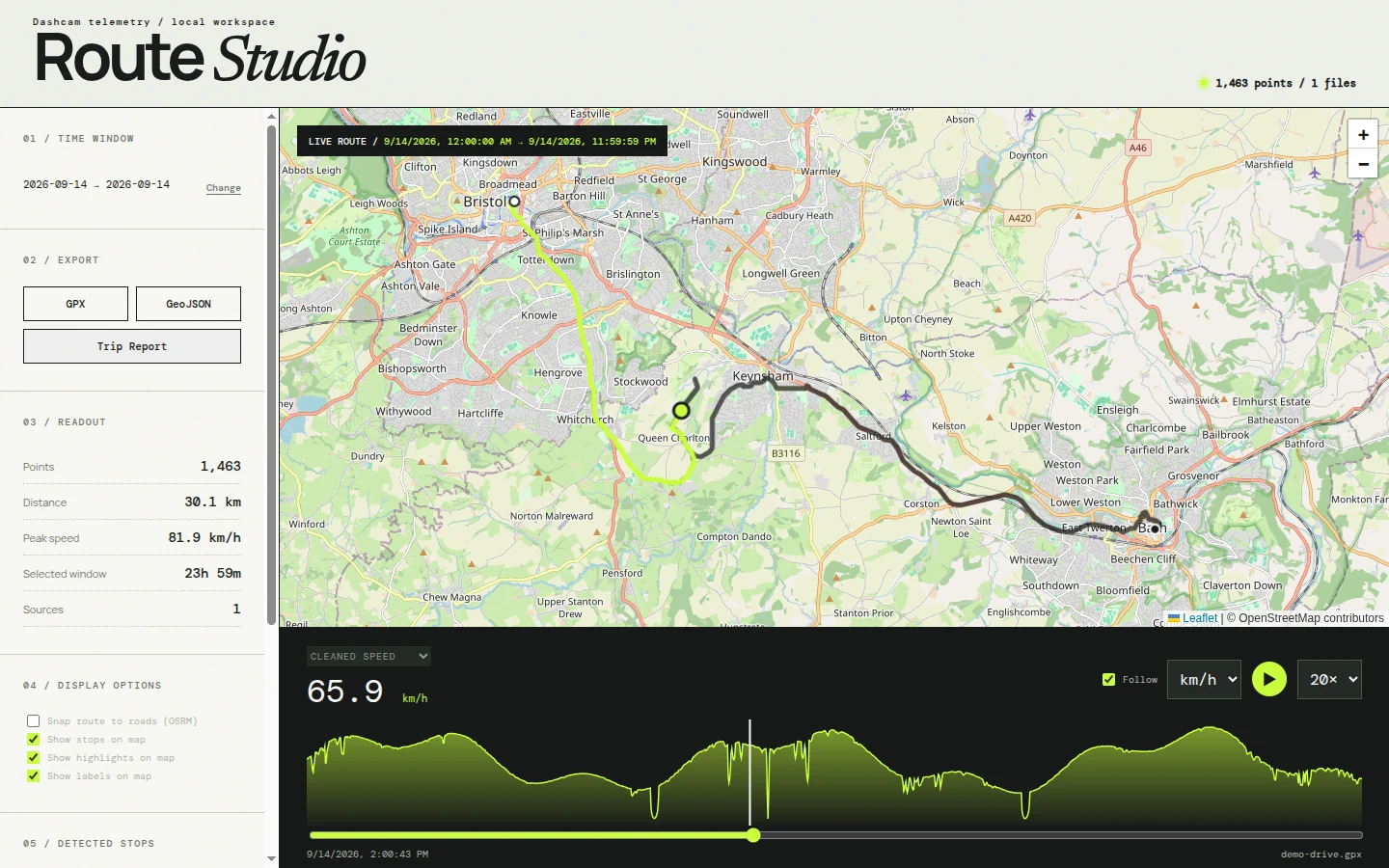 Route Studio showing a 30 km drive on a map with the replay position marked and a speed chart along the bottom