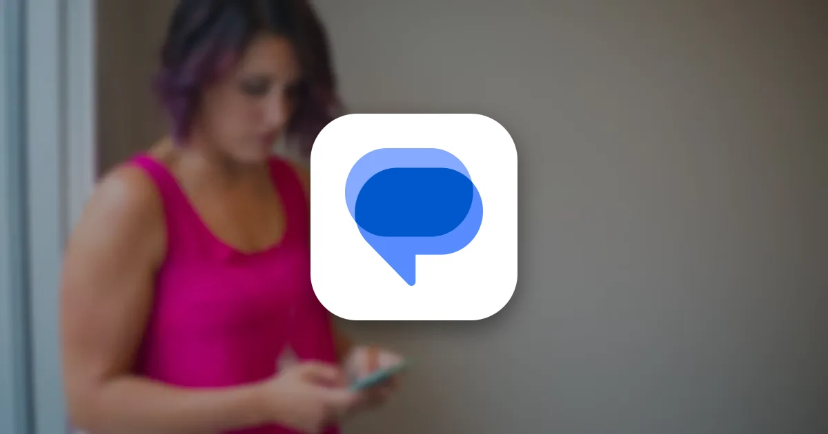 Google Messages app icon over a blurred photo of a woman texting on her phone