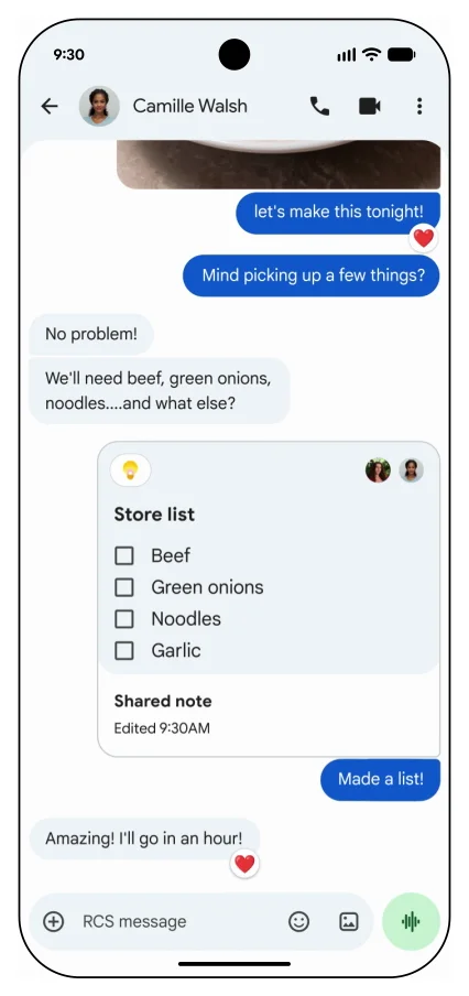 A shared Google Keep checklist called Store list inside a Google Messages chat, with Beef, Green onions, Noodles and Garlic items