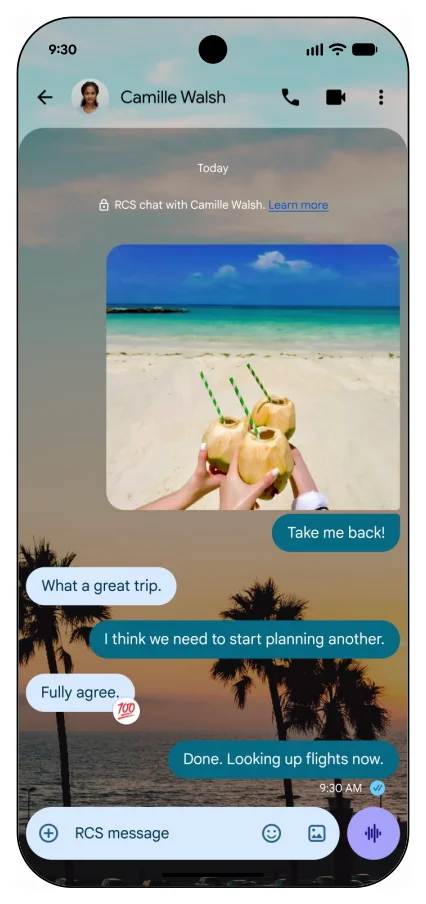 A Google Messages conversation with a beach sunset photo as the chat background and teal message bubbles