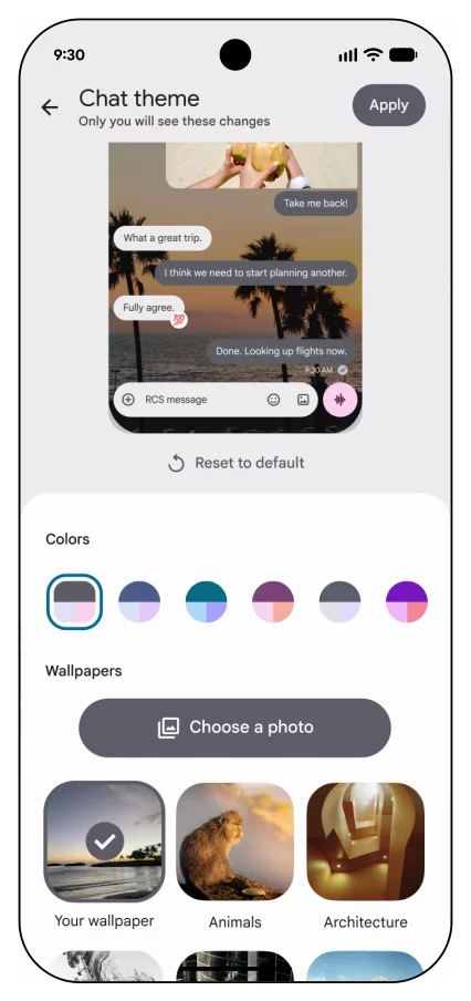 The Chat theme screen in Google Messages with a palm tree photo preview, bubble color swatches and wallpaper categories