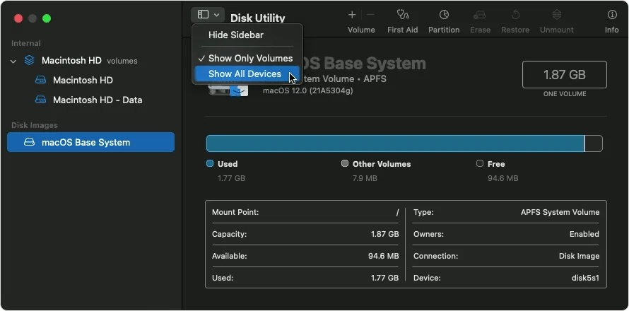 Disk Utility with the View menu open and Show All Devices selected