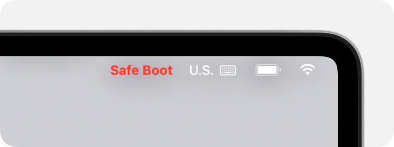 Safe Boot shown in red in the menu bar of the Mac login window