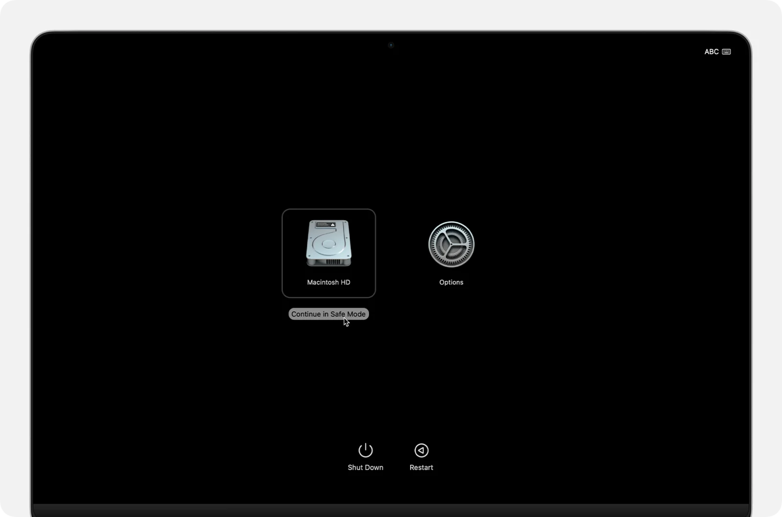 Mac startup options screen with Macintosh HD selected and the Continue in Safe Mode button