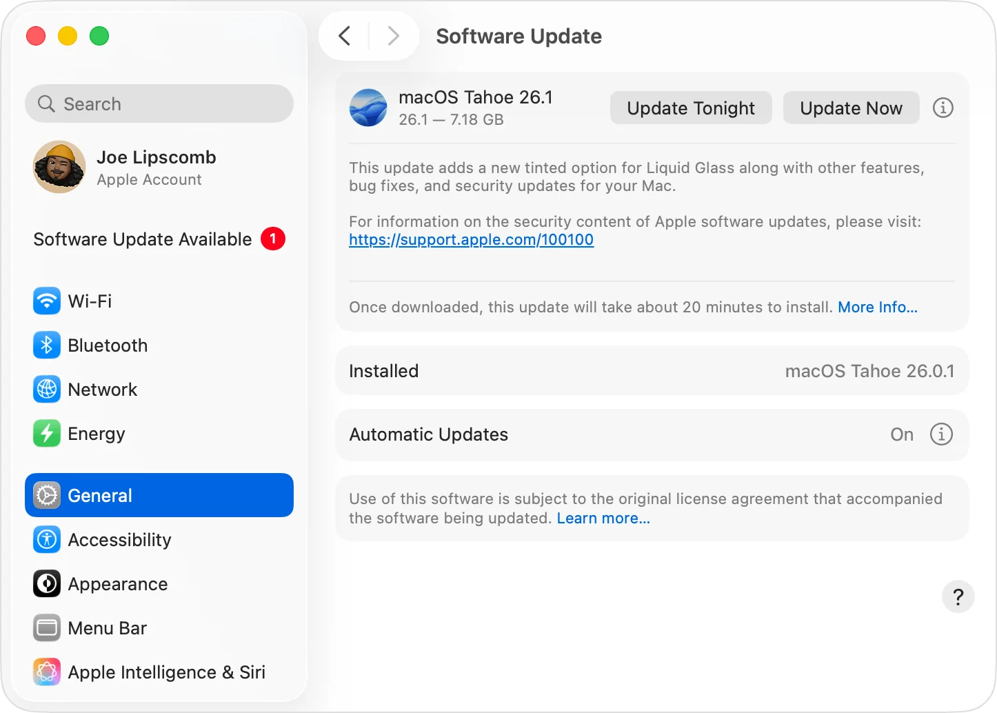 Software Update in System Settings with a macOS update ready and the Update Now button