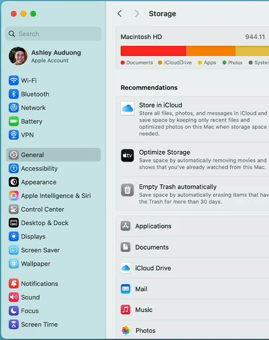 Storage settings on a Mac showing the usage bar and the Store in iCloud, Optimize Storage and Empty Trash automatically recommendations