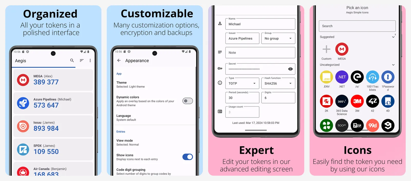 Aegis Authenticator app screenshots
