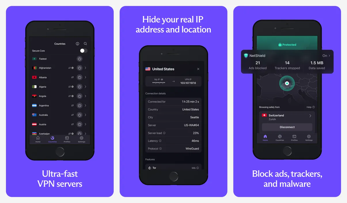 Proton VPN app screenshots