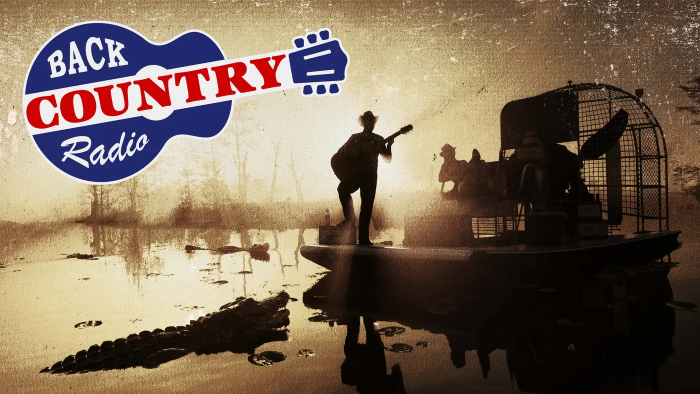 Back Country Radio artwork with a guitarist's silhouette on a boat surrounded by gators
