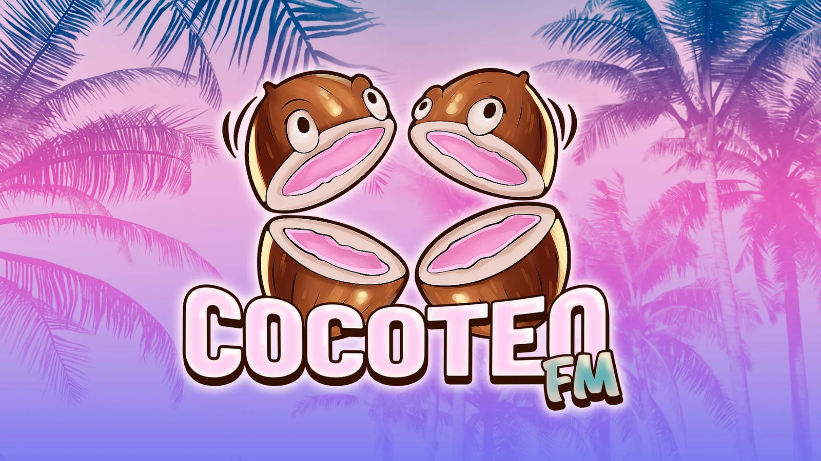 Cocoteo FM station artwork with two halved coconuts with eyes