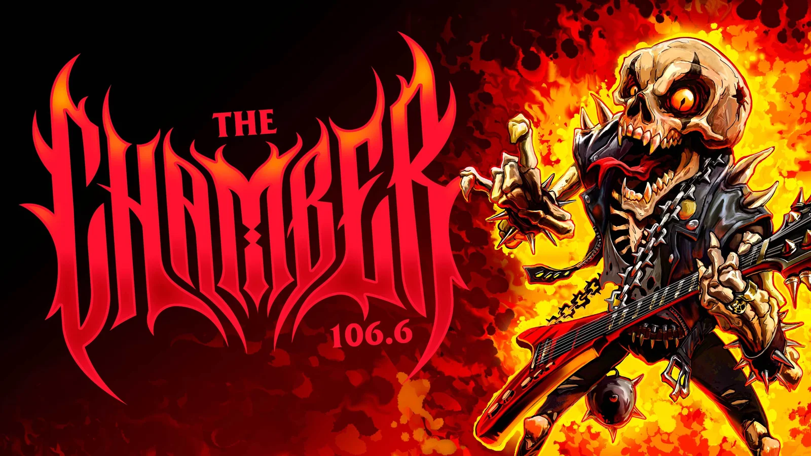 The Chamber 106.6 artwork with a skeleton holding a red guitar