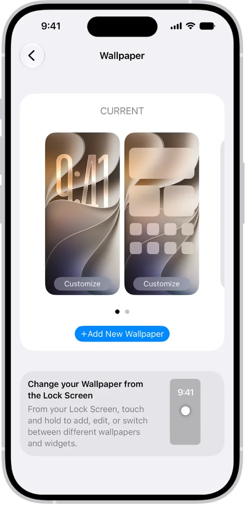 iPhone Wallpaper settings screen showing the current lock screen and home screen wallpapers side by side, each with its own Customize button, above Add New Wallpaper