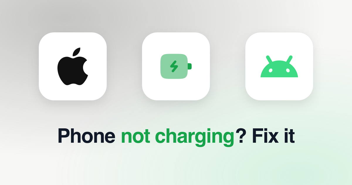 Apple and Android logos either side of a battery charging icon above the words Phone not charging
