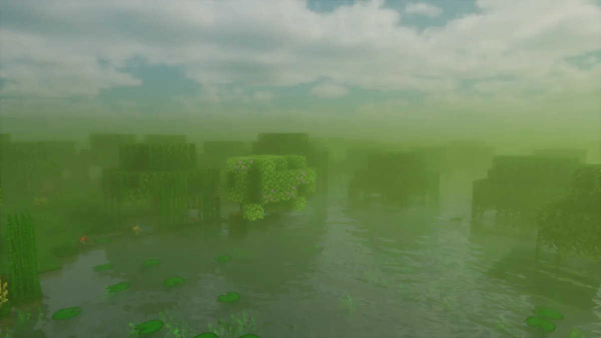 Misty Minecraft swamp with lily pads and green fog, with Bliss Shaders