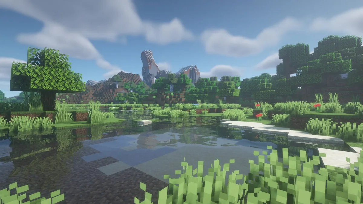 Sunny Minecraft pond with clear water, tall grass and soft clouds, with BSL Shaders