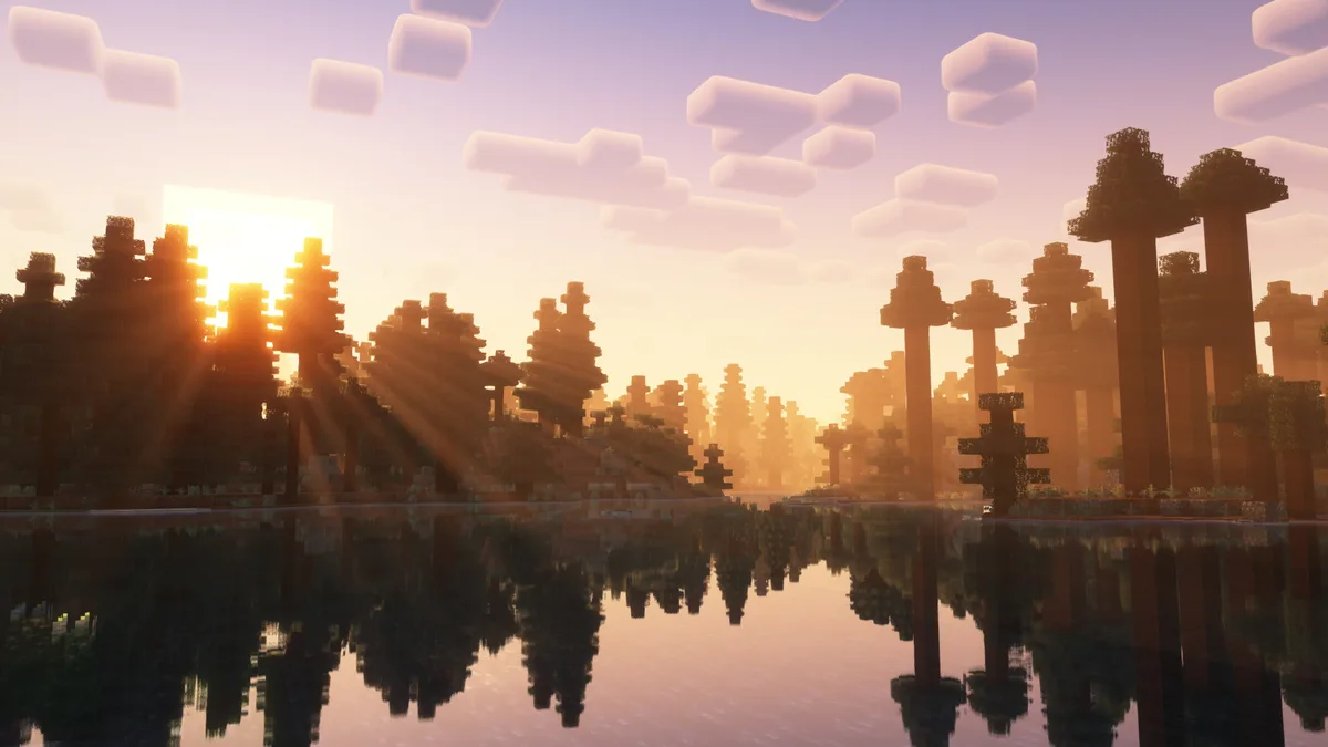 Minecraft forest at sunset reflected in a still lake, with the Complementary Reimagined shader pack