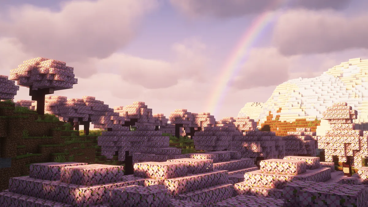 Minecraft cherry grove under a rainbow with soft cinematic light, with Complementary Unbound
