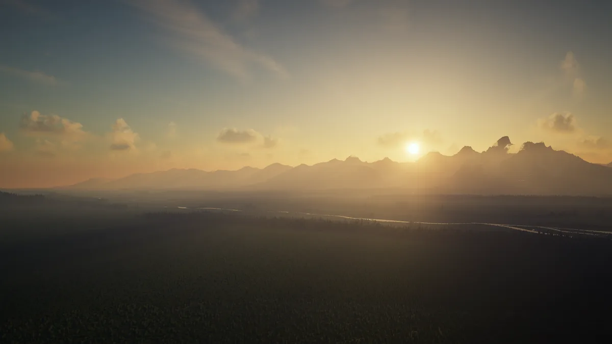 Sunset over a distant mountain range in Minecraft, from the Iris gallery on Modrinth