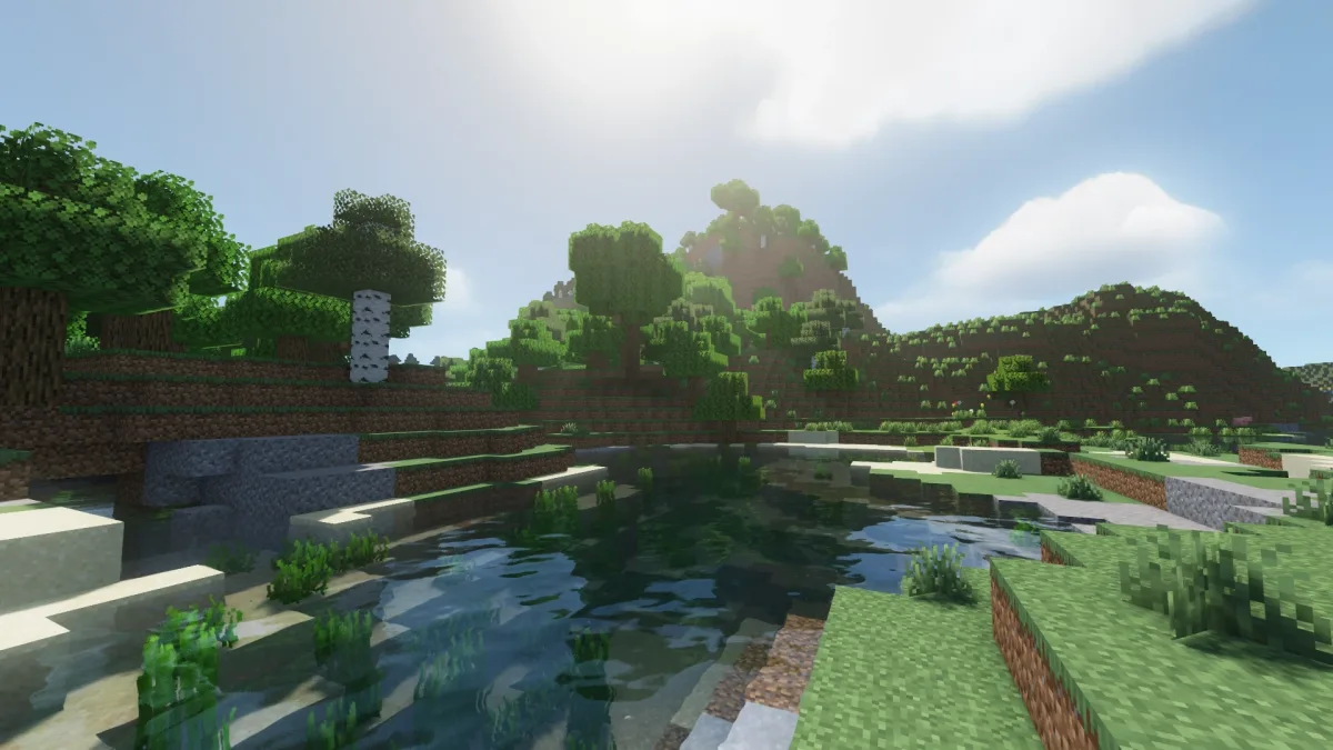 Sunny Minecraft hills around a small pond, with MakeUp Ultra Fast shaders