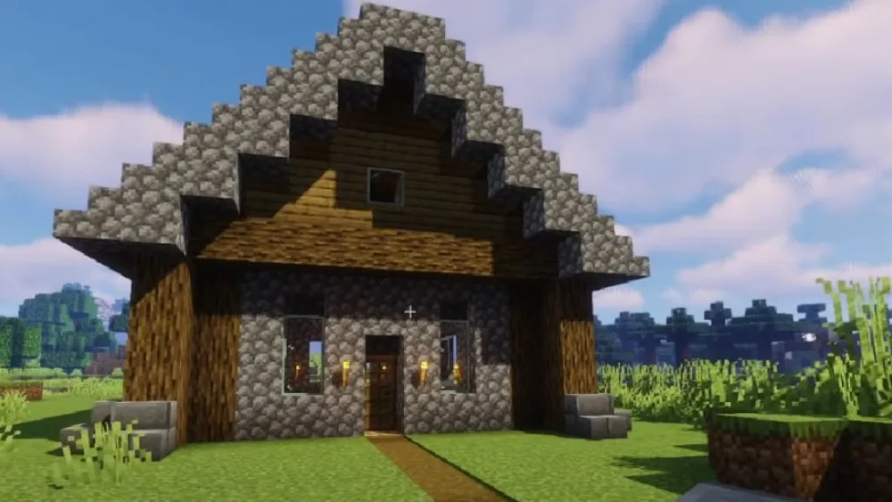 Minecraft survival house with cobblestone walls, spruce log corners and a stone roof