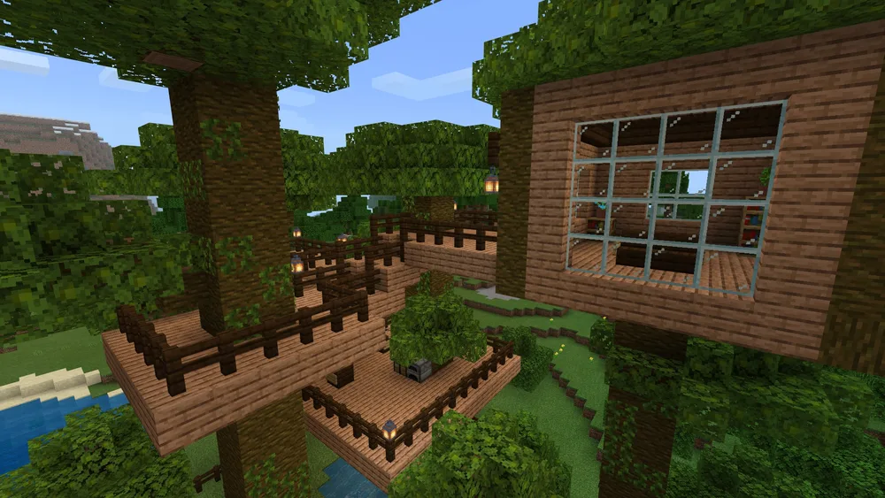 Minecraft treehouse with wooden decks and fenced platforms in a jungle tree