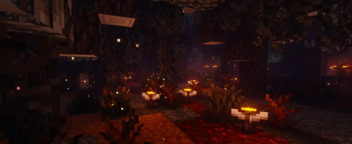 Dark Minecraft cave lit by glowing plants, with Photon Shaders