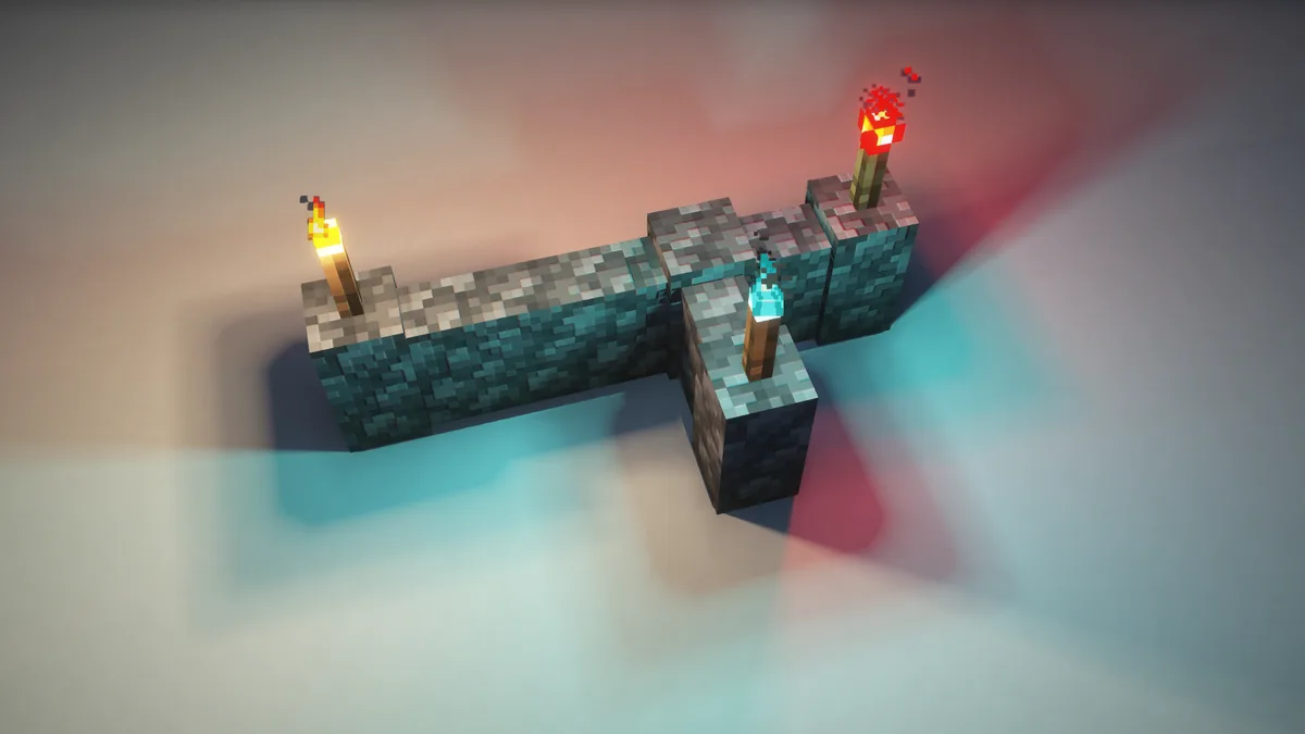 Minecraft torches casting yellow, red and blue light with sharp shadows, with Rethinking Voxels