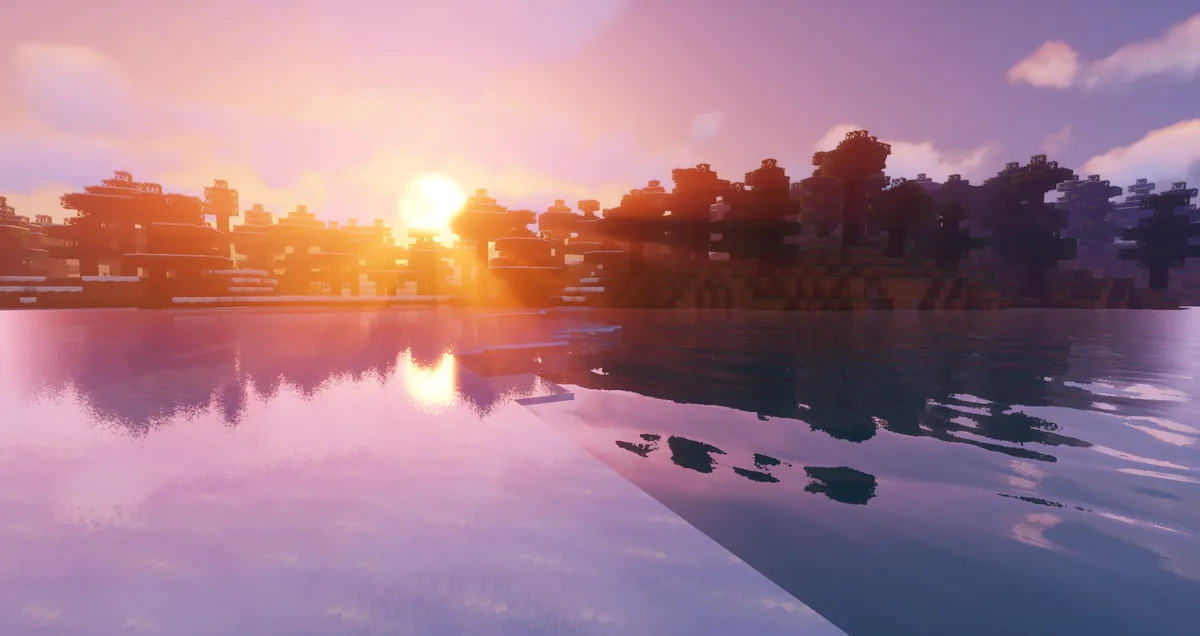 Minecraft sunset reflected on calm water, with Sildur's Vibrant Shaders